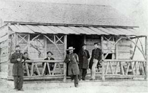 Captain Evam Headquarters, officers in front of building, in the old fort, c.1865