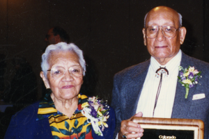 Jovita Lobato and Salvador Vallecillo, 1996. Lobato was the first Hispanic graduate from CSU (1936).