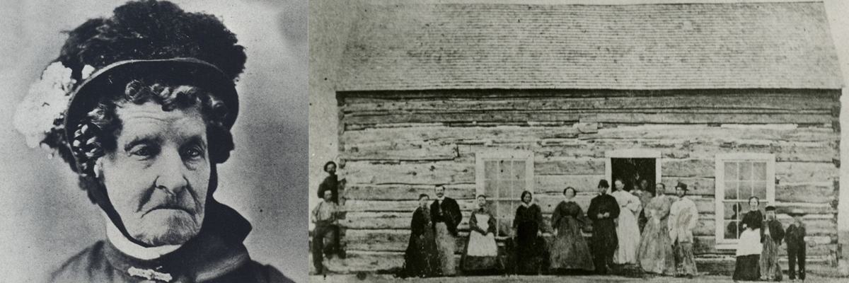 Elizabeth Stone at left, Elizabeth Stone cabin in 1866 at right