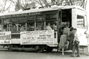 Students board the trolley, 1950