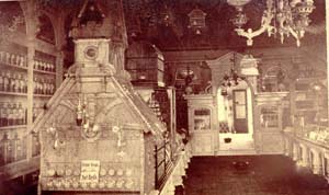 F.P. Stover Drug Store interior, corner of Linden & Jefferson, first soda fountain in Fort Collins, c. 1890