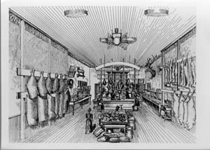 An interior view of the Fay Bosworth & Company Market, located at 257 Linden Street, c. 1890